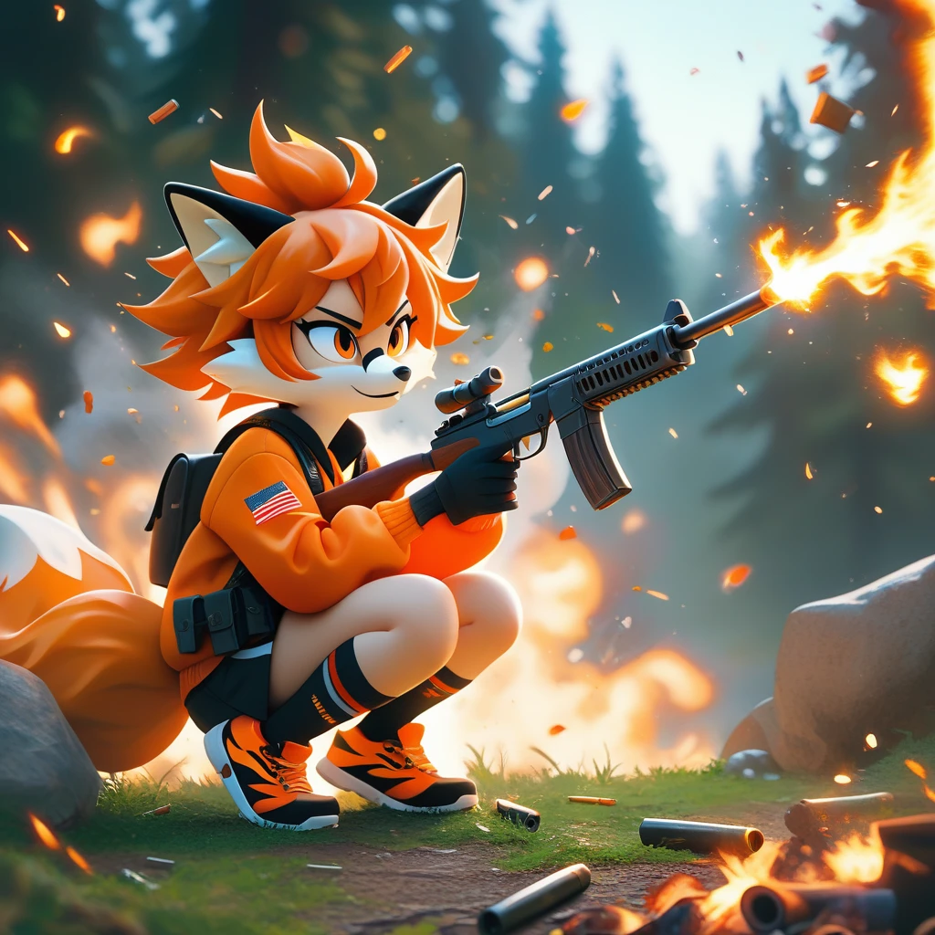 One girl, Short, messy hair with orange flames, Bright orange flaming hair, light orange oversized fox Foodie, fox Foodie, Foodie, Bright orange flame tail、Black gloves, Possession of a gun, In the Forest, Scouting, Orange eyes, Enthusiastic, Severe, Have a weapon, Black Ear, holding Shotgun, Shotgun, bullet, photograph, explosion, Black medium socks, big Foodie, Food, fox Food