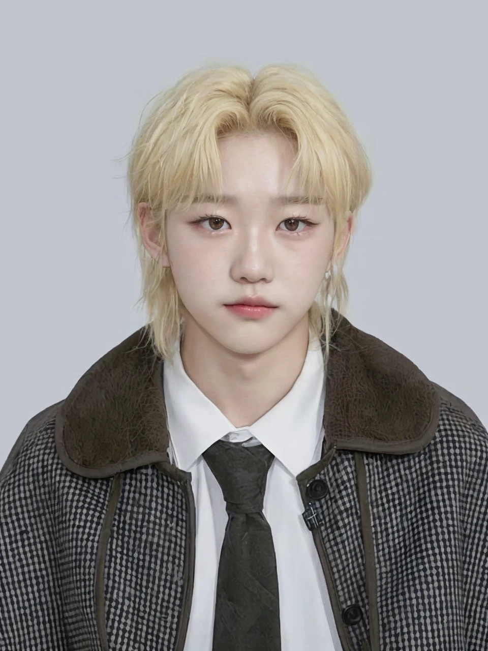 Korean boy. Characteristics: blonde hair + locks falling on the forehead + brown eyes. (Félix from the band SKZ - Stray Kids)