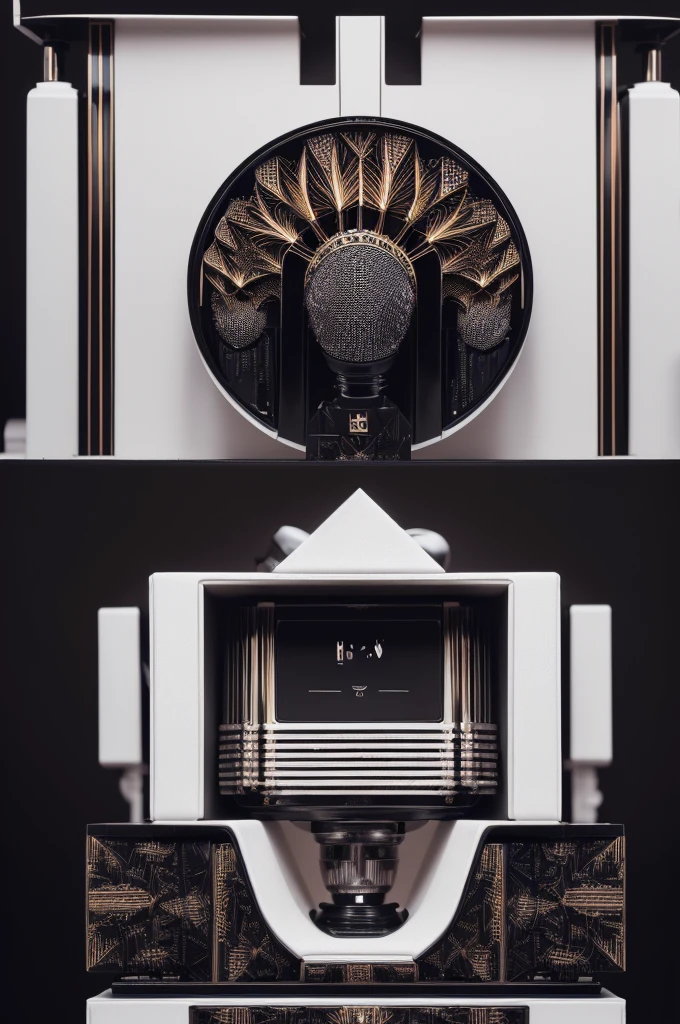 (masterpiece, 4K, Extremely detailed, RAW photos: 1.2), illustration, (portrait:1.2), (Single background, Black background 1.4), (Art Deco:1.4), (Minimalism:1.4), (Clean:1.4), (Fractal:1.4), (Microphone Art Deco), (podcast) CCDDA Art Style,  