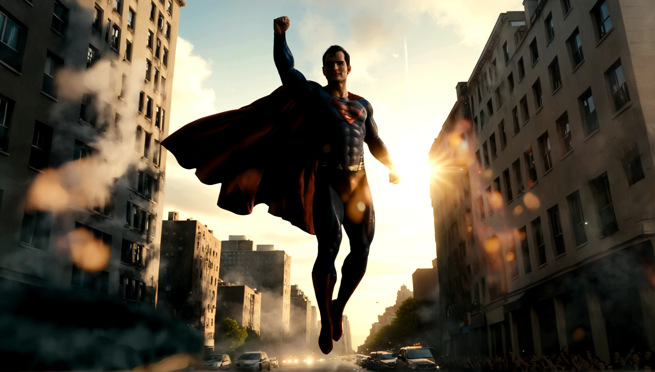 superman flying over street between building waving at people cheering for him,in superhero pose cape flapping