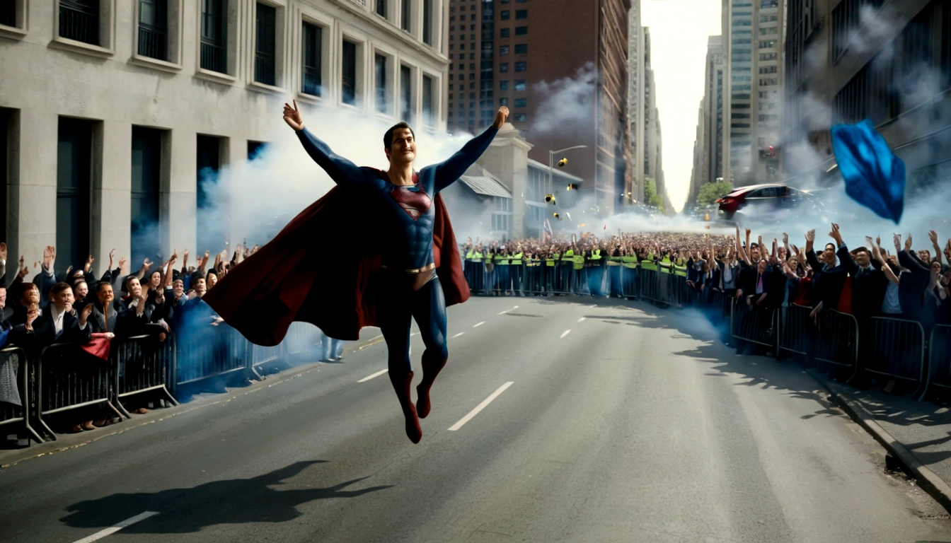 superman flying over street between building waving at people cheering for him,in superhero pose cape flapping