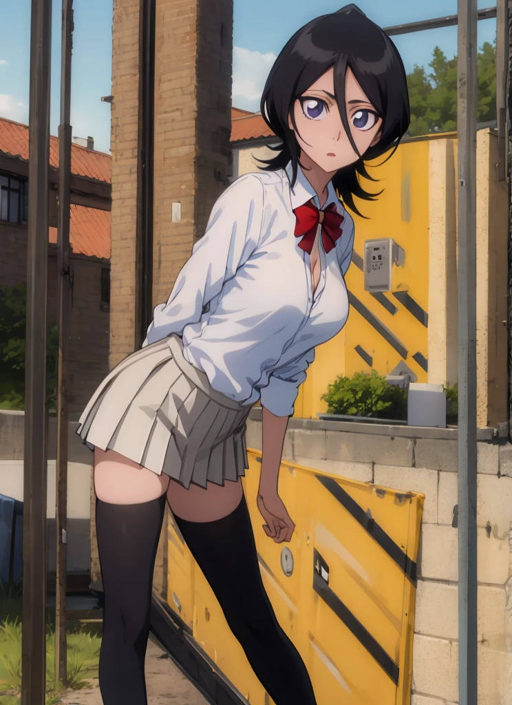 ((best quality)), ((highly detailed)), masterpiece, , (1girl), Perspective distortion, cowboy shot, ((wide shot)), Rukia, black hair, short hair, hair between eyes, purple eyes,  , white collared shirt, red bowtie, grey pleated skirt, socks, shoes, (outside, black thighhighs,big breasts,looking viewer,(sexy pose),from side,cleavage