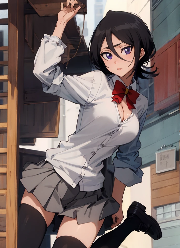 ((best quality)), ((highly detailed)), masterpiece, , (1girl), Perspective distortion, cowboy shot, ((wide shot)), Rukia, black hair, short hair, hair between eyes, purple eyes,  , white collared shirt, red bowtie, grey pleated skirt, socks, shoes, (outside, black thighhighs,big breasts,looking viewer,(sexy pose),from side,cleavage