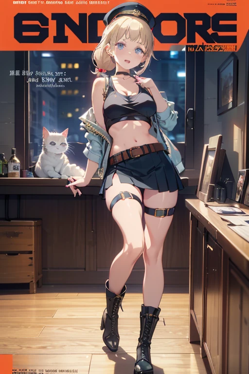 (masterpiece:1.2), (Military uniform magazine cover:1.4),best quality,PIXIV,Sweet girl , sexy posture,1girl, (perky chest:1.2), rolling upskirt by wind:1.6, (with sparkling eyes and a contagious smile),open mouth, (pointed chest:1.2),fishnets, black hair, boots, long hair, black nails, skirt, shirt, black footwear, bag, black skirt, jewelry, jacket, thigh strap, bangs, necktie, earrings, nail polish, multicolored hair, looking at viewer, full body, bottle, own hands together, belt, jacket on shoulders, food, cats on head, ring, choker, english text, collared shirt, blue eyes, hat, lace-up boots ,masterpiece、highest quality、Very detailed、An illustration、Beautiful fine details、One Girl、cute、Detailed landscape、Training Room Background:1.4、Platinum Blonde Hair、Braided Ponytail、Red camisole、((c cup breasts, Tank top showing underboob:1.4))