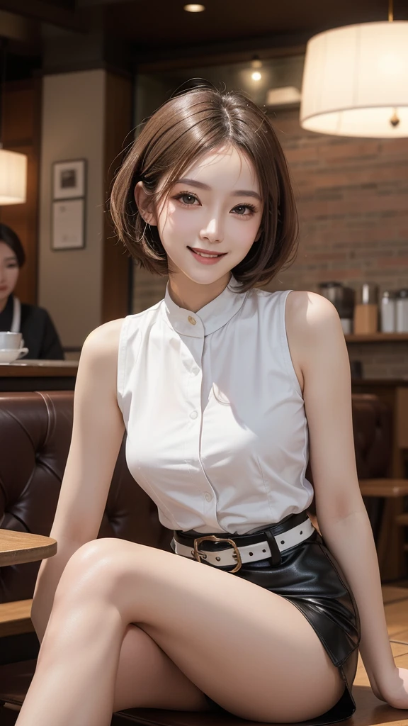 (precise face features), (Highly detailed face), (High density photo quality) , Japanese Beauty, expensive, Long legs, smile, Very short tight leather mini skirt with belt, sleeveless white blouse, Bright coffee shop interior with elaborate lighting,smile,short hair,Crossing your legs