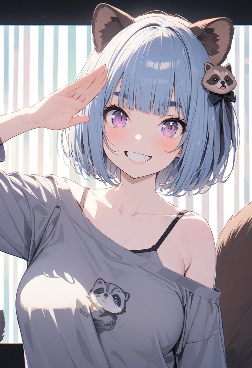 (best quarity,ultra detailed,ultra-high-resolution, absolutely resolution,8k, masterpiece),anime,(pale colors:1.8),long shot, 1girl, (on right:1.3), solo, cat mouth, dynamic angle, holding flower, salute, grin, smile, fang,  blue hair, bobcut, straight hair, racoon ears, racoon tail, (brown streaked hair:1.3), (blunt bangs) ,thick eyebrows, big breast, off shoulder clothes, racoon tattoo, cutout,flower hair ornament,  striped background, shadow, 