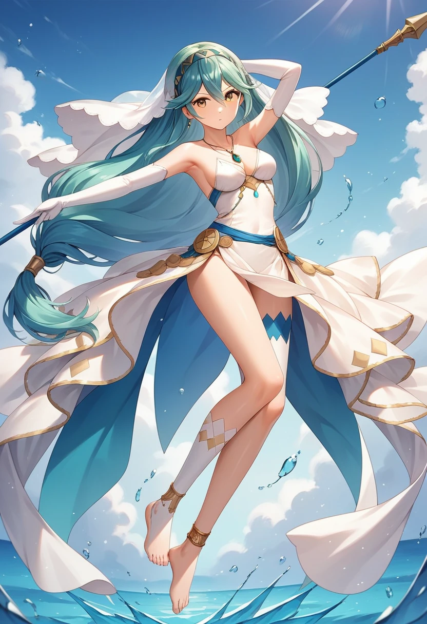 masterpiece, Highest quality, Very detailed, score_9, score_8_upper, score_7_upper, score_6_upper, アニメ, Aqua(Fire emblem), Low-tied_long_hair, light_blue_hair, Yellow Eyes, Asymmetrical legwear, barefoot, Opera Gloves, pendant,White legwear, Single bare leg, White Dress, hair band, Long hair between the eyes, Gold Anklet, Veil, Beautiful Eyes, Perfect Face, Perfect hands, Perfect Fingers, medium breasts, Very beautiful long legs, Thighs, spear, Have a weapon, armpits, determined