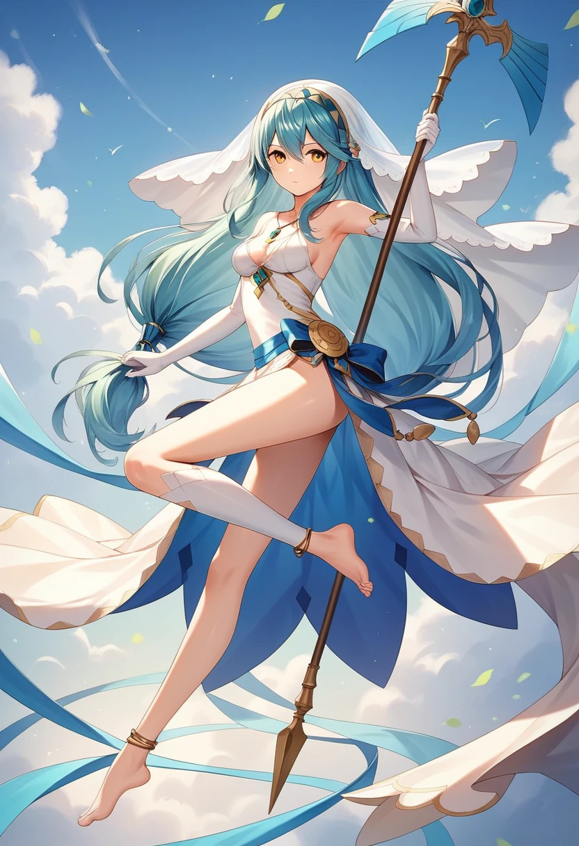 masterpiece, Highest quality, Very detailed, score_9, score_8_upper, score_7_upper, score_6_upper, アニメ, Aqua(Fire emblem), Low-tied_long_hair, light_blue_hair, Yellow Eyes, Asymmetrical legwear, barefoot, Opera Gloves, pendant,White legwear, Single bare leg, White Dress, hair band, Long hair between the eyes, Gold Anklet, Veil, Beautiful Eyes, Perfect Face, Perfect hands, Perfect Fingers, medium breasts, Very beautiful long legs, Thighs, spear, Have a weapon, armpits, determined