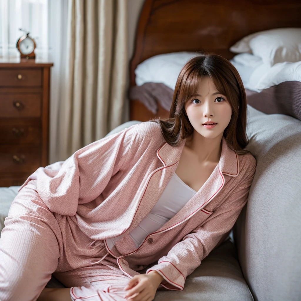 (8K、RAW Photos、Highest quality、masterpiece:1.2)、(Highest quality、Realistic)、1 Girl、((Frills、Bedroom、pajamas、pink、View from the front、Looking into the camera、Sit on the bed))、cute