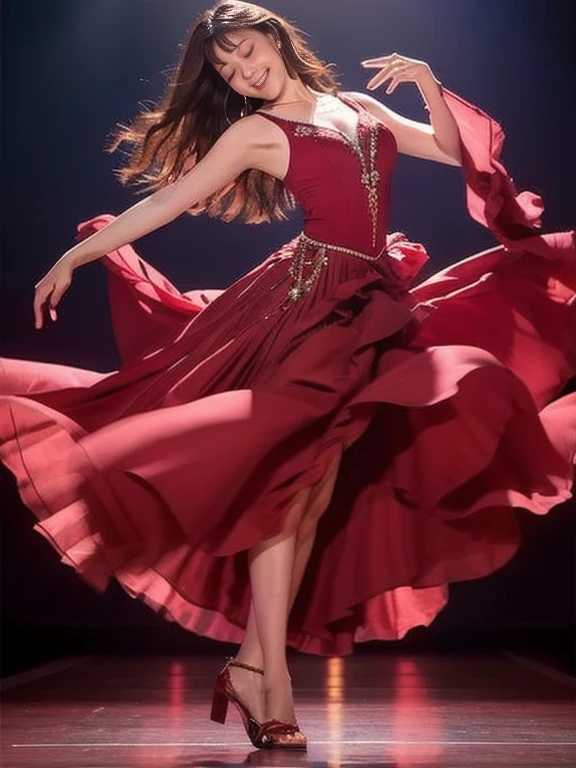 Photo-realistic quality、A woman in a red dress is dancing flamenco on stage, Sensual dance, Dance with grace, She is dancing. Realistic, !!beautiful!!, Deep red, Red clothes, Circling, beautiful flowing fabric、Detailed and beautiful eyes、Cute smile、A soft and gentle look、Eyes closed