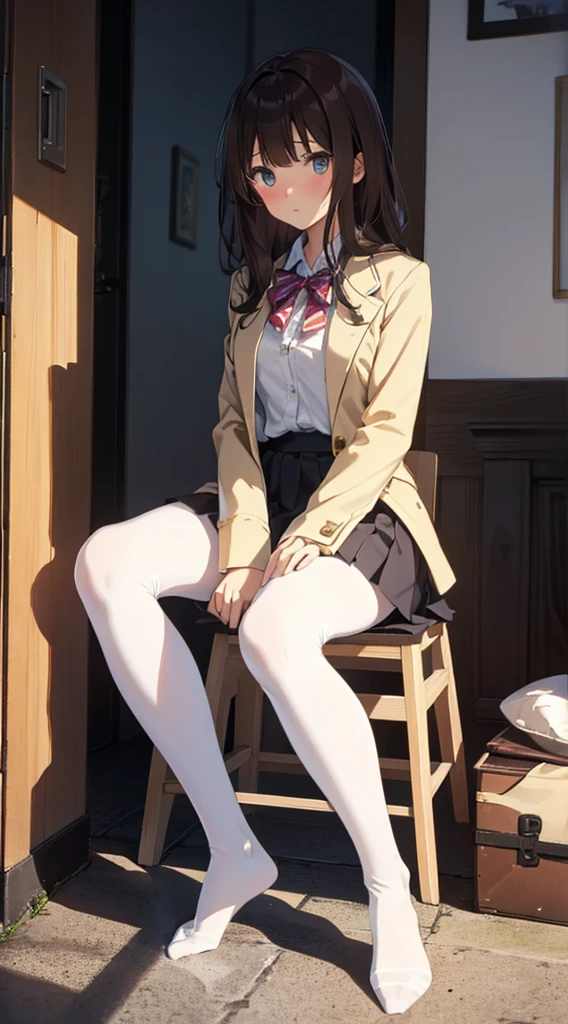 Highest quality, masterpiece, High resolution, (Head to Toe full body), front, frontやや下からの構図, Symmetric, Tall 18 year old girl, alone, (Head to Toe), (Small breasts), Unkempt brown hair, bangs, (black tights), (Black Pantyhose), (Sit with your legs apart), (Crouching pose), (A work depicting white panties), (Her legs were spread、I see your white pants.), (I was made to sit on the floor with my legs spread....), (M-shaped feet), Thin legs, とても美しくTall 18 year old girl, (No shoes), blush, Shy big eyes, Looking into the camera, Blazer Uniform, Checkered Pleated Skirt