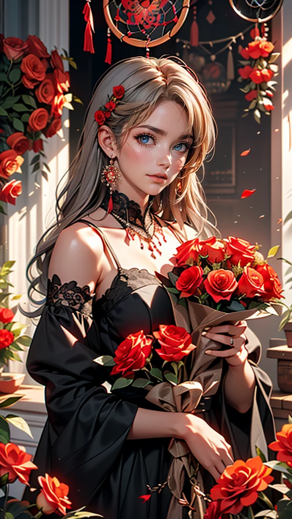 (highest quality, masterpiece), (One girl, alone, Black Dress, Are standing , View Viewer, Gray Hair, Red eyes, Holding roses, Mouth closed, Upper Body), (Red dream catcher behind, Red flower, )
