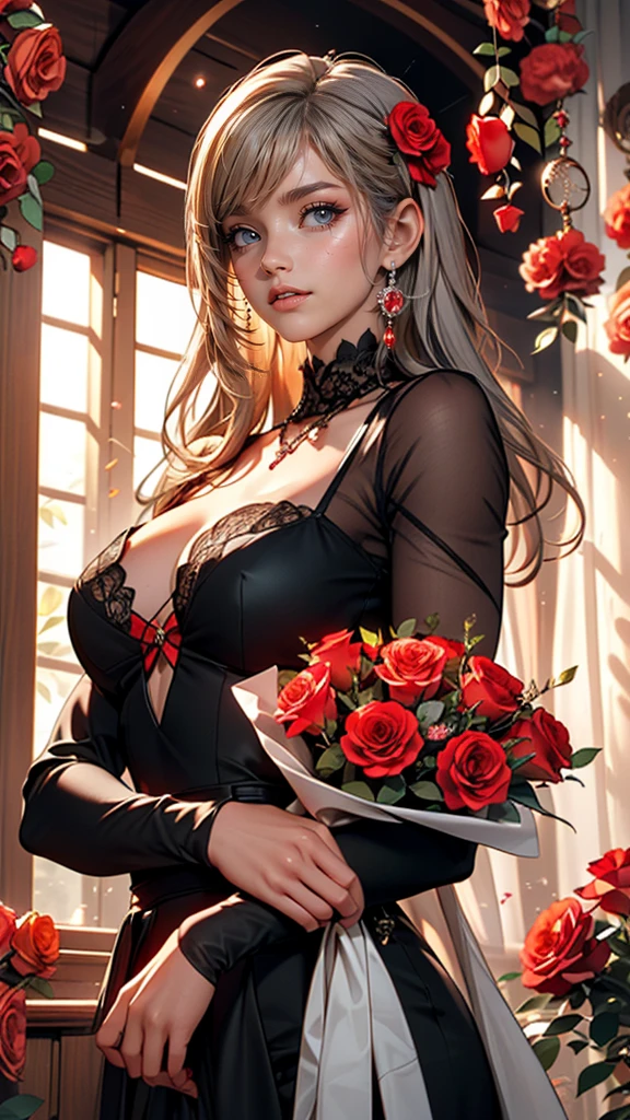 (highest quality, masterpiece), (One girl, alone, Black Dress, Are standing , View Viewer, Gray Hair, Red eyes, Holding roses, Mouth closed, Upper Body), (Red dream catcher behind, Red flower, )