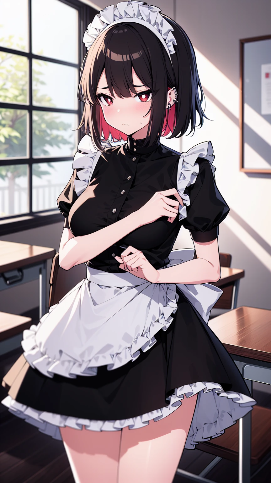 (cowboy shot),(ultra-high resolution, depth of field:1.2),Zenless Zone Zero,(Elen Joe:1.1),1woman,mature,black hair,short hair,inner color hair,(red eyes),medium breasts,crossed arms,maid dress,shark tail,maid apron,maid headdress,piercing,short sleeves,in classroom,sitting,sit in a chair,skirt lift,skirt hold,(((disgust,disgusted)))