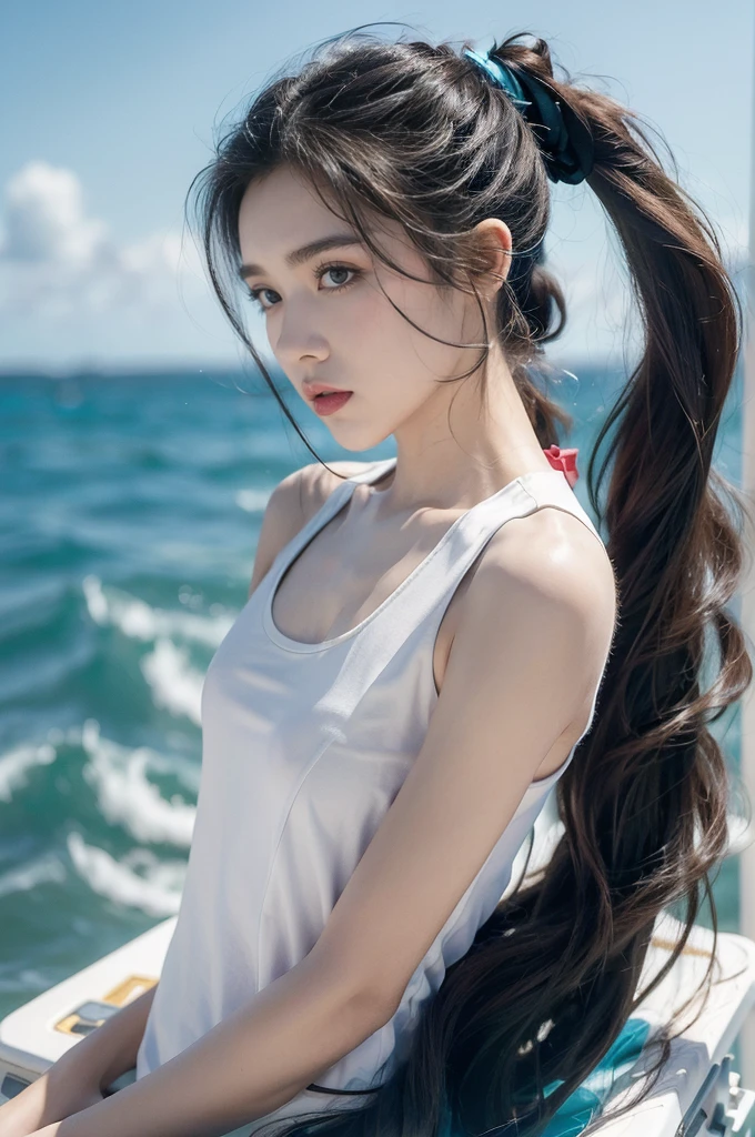 (((best quality))),(((ultra detailed))),(((masterpiece))),illustration,((1girl,naval officer,solo)),(short ponytail:1.2),((slim,thin)),((small breasts,flat chest)),(white tank top:1.3),vibrant colors,ocean background,(on the warship:1.3),majestic,turquoise waves,sun reflection,white clouds,sky,brilliant shade of blue,confident posture,gaze fixed on horizon,wind,gently blows hair,stray strands,flutter in breeze,adventure,excitement,unknown waters,beauty,strength,determination,female power,resilience,striking looks,powerful setting,sea,captivating,inspiring image,viewer,drawn to presence,challenging environment,military service,bravery,dedication,((from front,close-up of face))