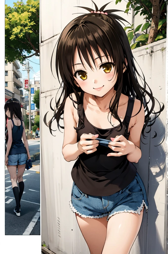 1girl,solo,yuuki mikan,yellow tank top, miniskirt, smile,, (best quality:1.3),1girl,outdoor,camisole,denim shorts,,nsfw,cowboy shot,socks