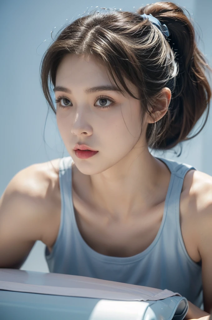 (((best quality))),(((ultra detailed))),(((masterpiece))),illustration,((1girl, female, Air Force commander,solo)),(short ponytail:1.2),((slim,thin)),((small breasts,flat chest)),poised, confidence, authority,(light blue tank top:1.3),piercing eyes, control panel, military airport, soldiers, duties, fighter jets, clear sky, engine roar, excitement, energy, control room, monitors, switches, mosaic colors, expertise, pilots, headset, calm voice, strong presence, attention, respect, leadership, dedication, courage, bravery, women in military, inner strength, resilience, inspiration,((from front,close-up of face))