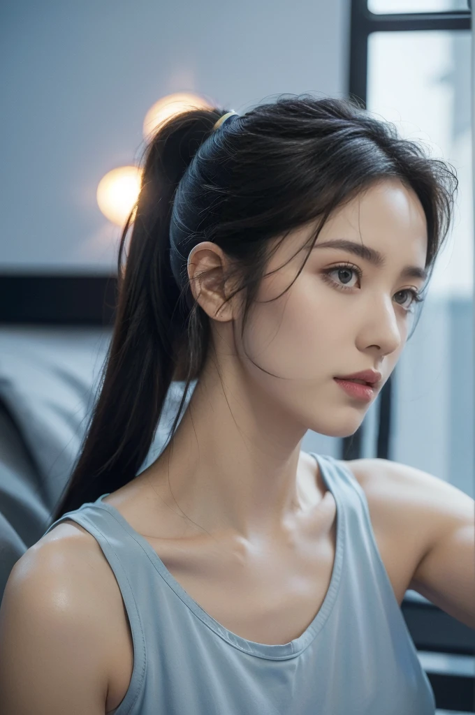 (((best quality))),(((ultra detailed))),(((masterpiece))),illustration,((1girl, female, Air Force commander,solo)),(short ponytail:1.2),((slim,thin)),((small ,flat chest)),poised, confidence, authority,(light blue tank top:1.3),piercing eyes, control panel, military airport, soldiers, duties, fighter jets, clear sky, engine roar, excitement, energy, control room, monitors, switches, mosaic colors, expertise, pilots, headset, calm voice, strong presence, attention, respect, leadership, dedication, courage, bravery, women in military, inner strength, resilience, inspiration,((from front,close-up of face))