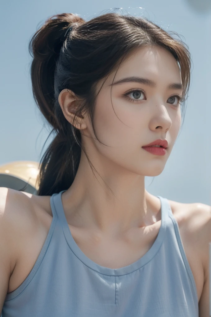 (((best quality))),(((ultra detailed))),(((masterpiece))),illustration,((1girl, female, Air Force commander,solo)),(short ponytail:1.2),((slim,thin)),((small breasts,flat chest)),poised, confidence, authority,(light blue tank top:1.3),piercing eyes, control panel, military airport, soldiers, duties, fighter jets, clear sky, engine roar, excitement, energy, control room, monitors, switches, mosaic colors, expertise, pilots, headset, calm voice, strong presence, attention, respect, leadership, dedication, courage, bravery, women in military, inner strength, resilience, inspiration,((from front,close-up of face))