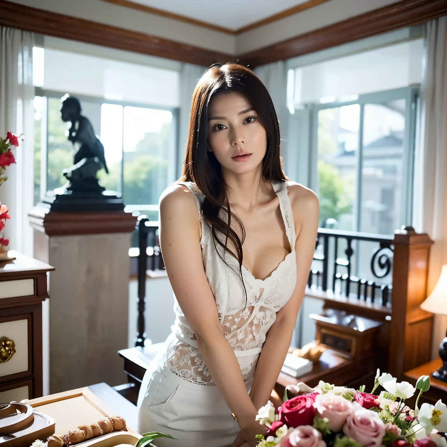 arafed woman in a room with a flower in her hand, with flowers, 🌺 cgsociety, lily, flower goddess, beautiful girl, with frozen flowers around her, attractive girl, by Zhang Han, holding a flower, beautiful south korean woman, guweiz, bae suzy, holding flowers, jingna zhang, realistic painting style, photorealistic!!!!!!! art style