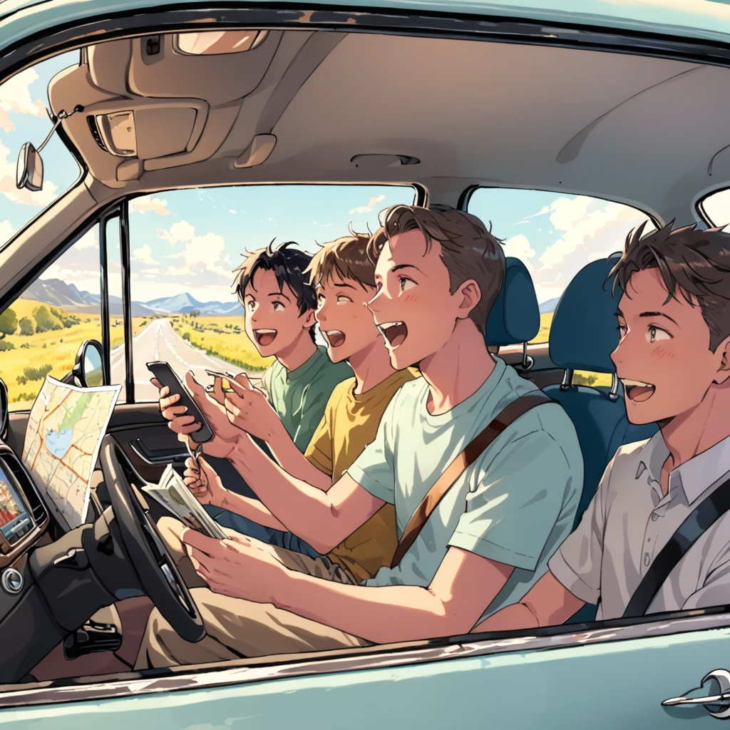 Five young men are sitting in a car. The interior is filled with laughter as they joke with each other, savoring the beauty of their youth. The guy in the driver's seat is focused on the road ahead, firmly gripping the steering wheel, with determination and confidence shining in his eyes. Next to him, the passenger holds a map, guiding the way and occasionally tapping to the beat of the music playing in the car.
The three guys in the back seat are more relaxed. One leans against the window, watching the scenery outside. Another takes out his phone to capture moments of the journey. The third spreads out a bag of snacks, eating while chatting with the others. The volume of the music fluctuates with the twists and turns of the road, and everyone is enjoying this wonderful and joyful time.