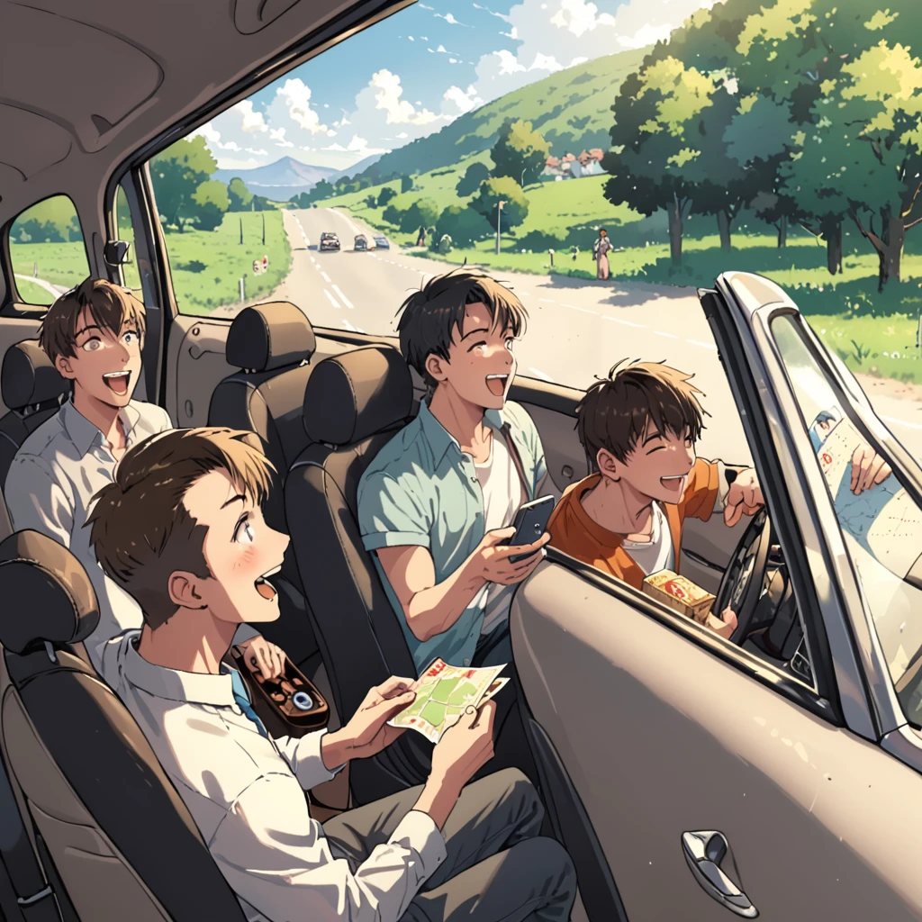 Five young men are sitting in a car. The interior is filled with laughter as they joke with each other, savoring the beauty of their youth. The guy in the driver's seat is focused on the road ahead, firmly gripping the steering wheel, with determination and confidence shining in his eyes. Next to him, the passenger holds a map, guiding the way and occasionally tapping to the beat of the music playing in the car.
The three guys in the back seat are more relaxed. One leans against the window, watching the scenery outside. Another takes out his phone to capture moments of the journey. The third spreads out a bag of snacks, eating while chatting with the others. The volume of the music fluctuates with the twists and turns of the road, and everyone is enjoying this wonderful and joyful time.