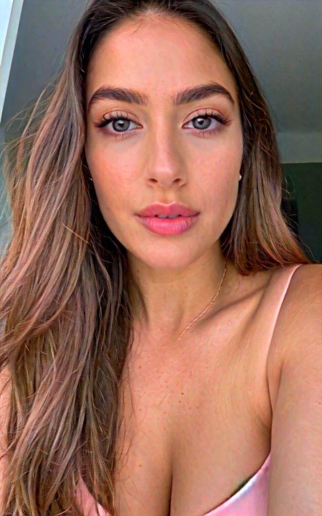 Photograph, cropped, upper body selfie photo of a cute 25yo girl, cleavage, photo grain, instagram, pouting

A girl of about 20-25 years old with refined facial features. She has large, expressive eyes the color of the bright blue ocean, with long, thick lashes. Her skin is flawlessly smooth and radiant, with a slight pink blush on her cheeks. Her nose is straight and neat, and her lips are full and soft, with a natural pink hue. Her cheekbones are high, emphasizing the grace of her face.

Her hair is long, silky and lustrous, the color of deep chestnut, falling in soft waves over her shoulders. Her figure is slender and trim, with perfect proportions and long, graceful legs. She is dressed in an elegant dress that emphasizes her figure, with exquisite details and accessories.