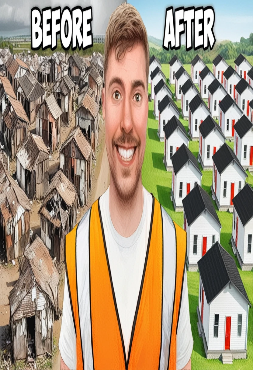 imagine A digital illustration of a 'before and after' scene. On the left side, depict a run-down area with makeshift shacks and dilapidated buildings. On the right side, show a well-organized community with rows of small, neat houses with red doors and black roofs. In the center, place a smiling man wearing an orange safety vest, standing in front of the two contrasting backgrounds. Add the text 'BEFORE' above the left side and 'AFTER' above the right side. Bright and eye-catching style, suitable for a promotional thumbnail