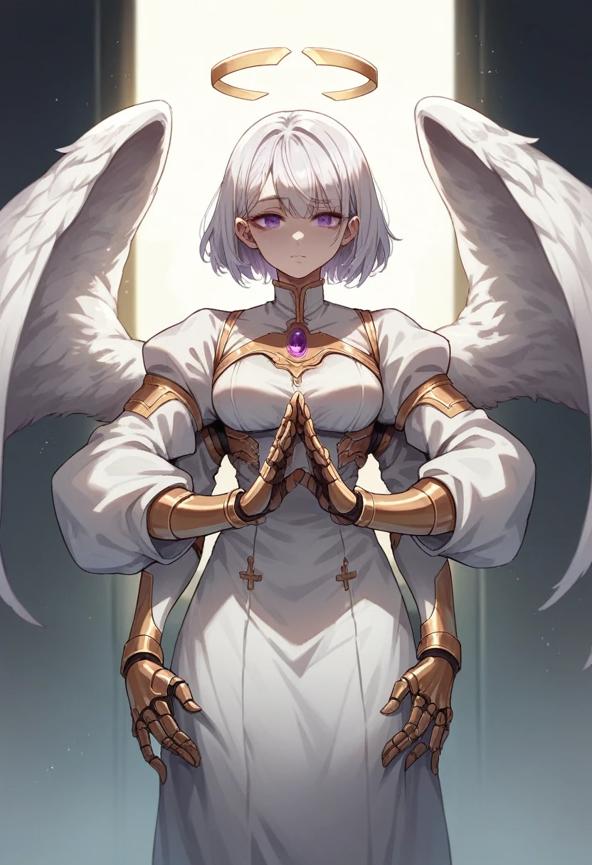 Caucasian female,short white hair,purple eye color,Four arms,halo,asas angelical, mostrando mamilos big boobies,big boobies