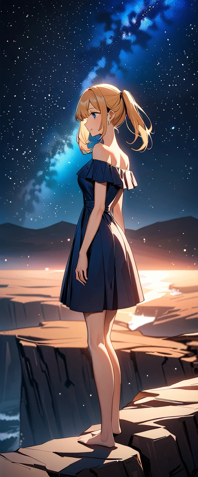 Photo of a high school girl with natural skin, Cowboy Shot, Blonde and red gradient hair in twin tails, Sharp eyes with blue eyeshadow, A thin, upturned nose, Well-shaped lips, White off-the-shoulder dress, Makeup, Exquisitely crafted with the utmost attention to detail, Vibrant, amazing, Smooth, Cinematic, 4K, Backlight, ((Atop a cliff with a beautiful starry sky)), Shallow depth of field.
