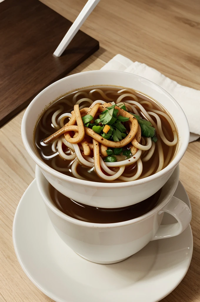 brown noodle in a white cup