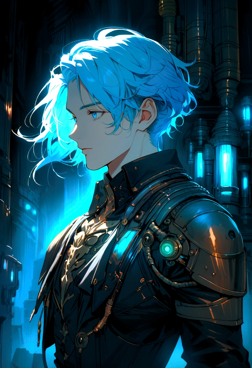 handsome man Around 20 years old Sci-Fi Decadent Light blue hair Fusion with machines Dieselpunk Dark fantasy Bust Shot Oblique side view