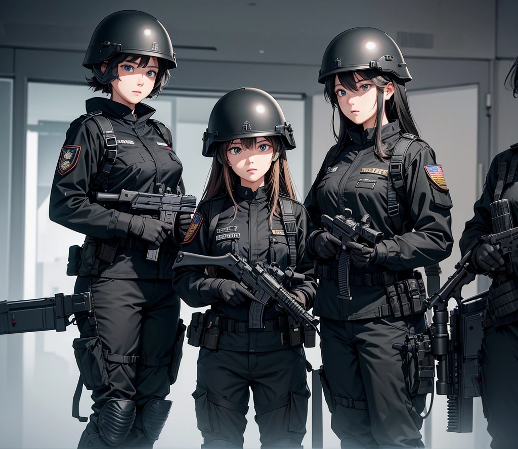 A group of female soldiers wearing all black uniforms，Full helmet、Military Pants、Individual equipment set、Alert with guns，Write details、masterpiece、best quality、Highly detailed CG、8K picture quality