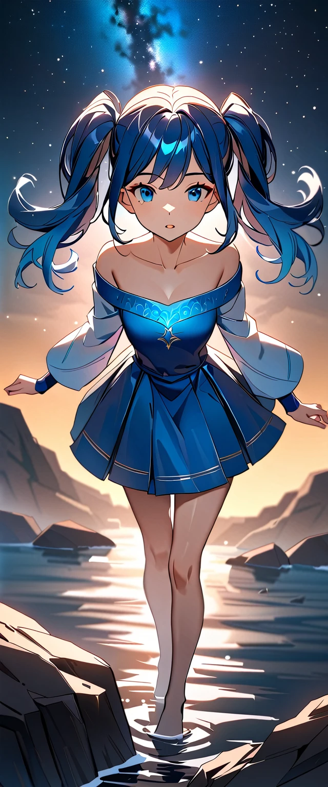 Photo of a high school girl with natural skin, Cowboy Shot, Black and blue gradient hair in twin tails, Sharp eyes with blue eyeshadow, A thin, upturned nose, Well-shaped lips, White off-the-shoulder dress, Makeup, Exquisitely crafted with the utmost attention to detail, Vibrant, amazing, Smooth, Cinematic, 4K, Backlight, Atop a cliff with a beautiful starry sky, Shallow depth of field.