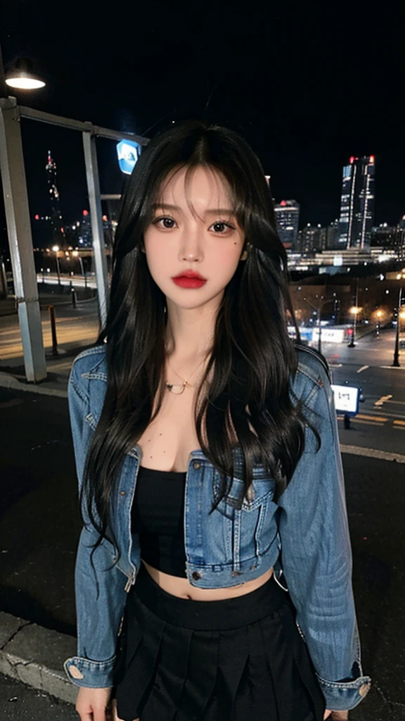 （（midnight，Best quality，8K，masterpiece：1.3）），（close up），Sharp focus，A beautiful woman with a perfect figure，（（Black Hair，Large Breasts）），（Denim jacket，Short skirt，Standing），（（Nighttime cityscape，roof）），Highly detailed face and skin textures，Detailed eyes，Double eyelids，全身close up