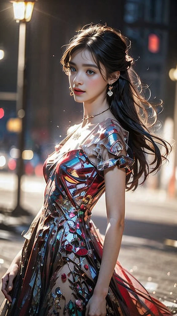 8K, ultra hd, masterpiece, 1 girl, (good face:1.4), detailed eyes, very long hair, impressive hairstyle, earings, necklace, small breasts, (red dress:1.5), see-through, (fantasy dress:1.5) Light-colored foundation brings out the transparency of the skin, (in the wonderland:1.5), mystery, diwali lights, glowing lights, very decoration, The lights falls like water, perfect body,