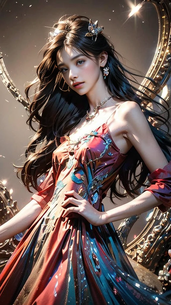 8K, ultra hd, masterpiece, 1 girl, (good face:1.4), detailed eyes, very long hair, impressive hairstyle, earings, necklace, small breasts, (red dress:1.5), see-through, (fantasy dress:1.5) Light-colored foundation brings out the transparency of the skin, (in the wonderland:1.5), mystery, diwali lights, glowing lights, very decoration, The lights falls like water, perfect body,