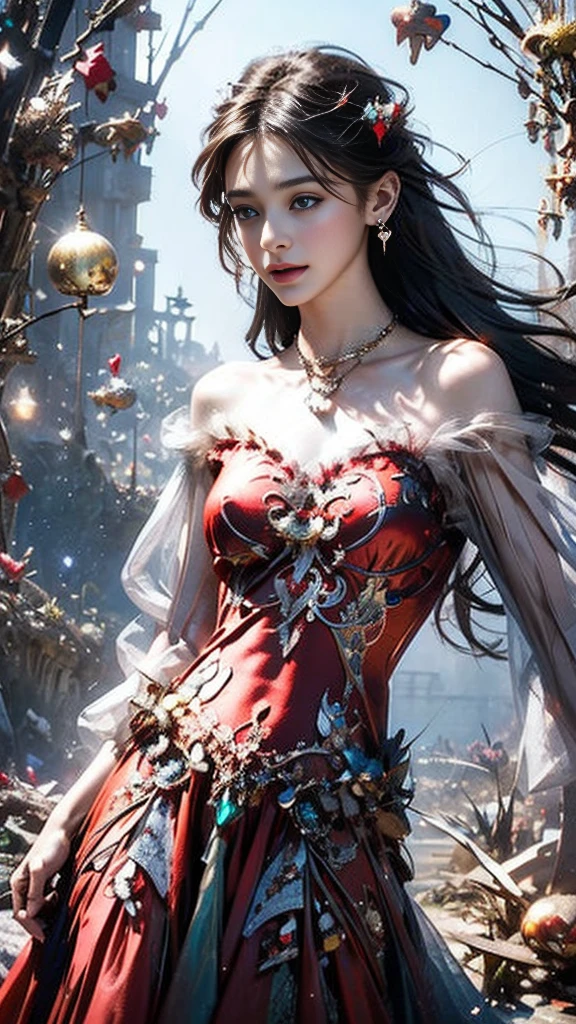 8K, ultra hd, masterpiece, 1 girl, (good face:1.4), detailed eyes, very long hair, impressive hairstyle, earings, necklace, small breasts, (red dress:1.5), see-through, (fantasy dress:1.5) Light-colored foundation brings out the transparency of the skin, (in the wonderland:1.5), mystery, diwali lights, glowing lights, very decoration, The lights falls like water, perfect body,