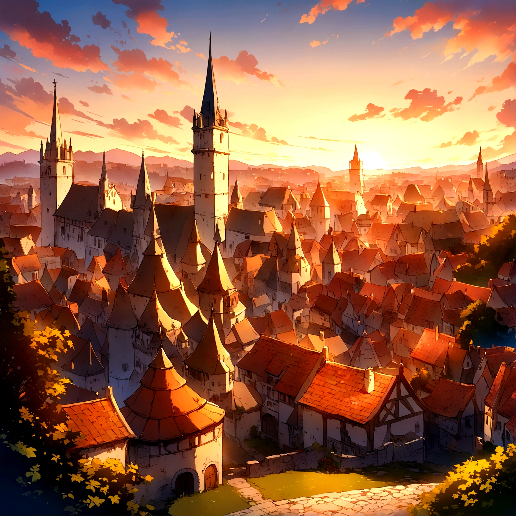 Cities of the Middle Ages, sunset, Cozy, Detailed buildings, Pleasant light