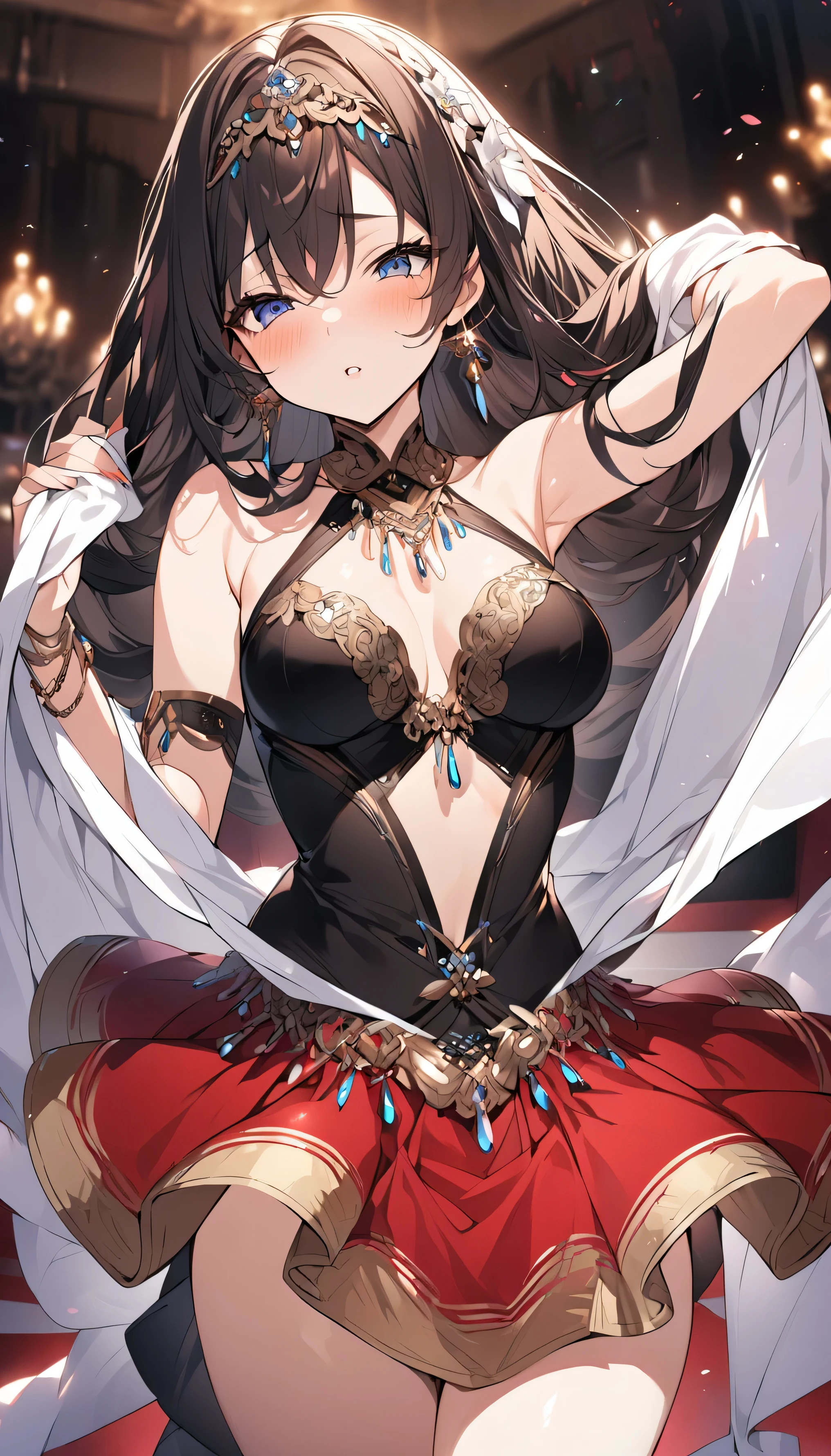 Anime illustration、Highest quality、Dancer's costume、Plump Gravure Idol、Perfect proportions,Sexy seductive pose,Bodysuits,Black gloves,Sandy beach at night,Blurred foreground,Big Breasts、Thick thighs、brown、Sweaty,Shiny Hair, Shiny skin,1000+ Favorite quality,Yellow Hair、blue eyes、