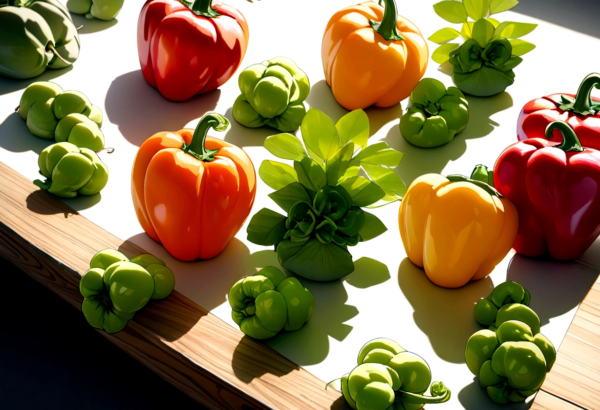 Beautifully arranged peppers on the table,Delicate stem tip,Refreshing,Artistic presentation,Natural vibrant colors,(best quality,4K,8K,high resolution,masterpiece:1.2),Extremely detailed,Practical:1.37,Close-up details,Texture green sprouts,Studio Lighting,Subtle shadows,aesthetic appeal,Culinary inspiration,healthy,