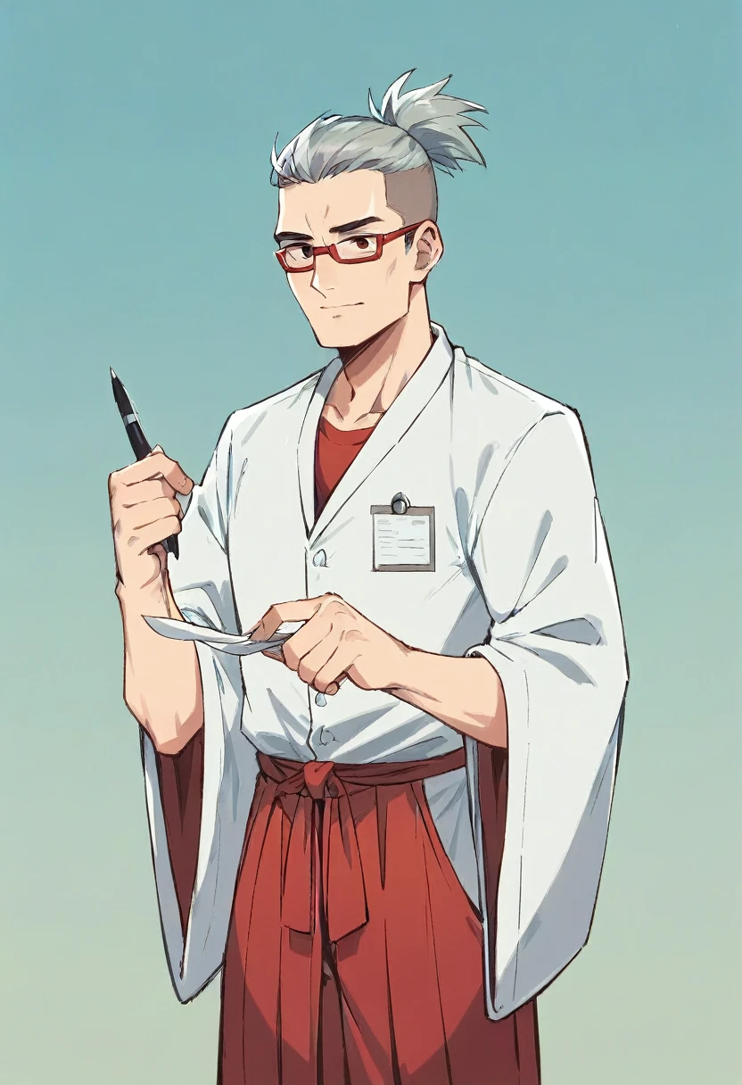 best quality, masterpiece, highres, solo, (maki_bluearchive:1.10), (doctor's shirt:1.35), (red hakama:1.35), (wide sleeves:1.20), 20