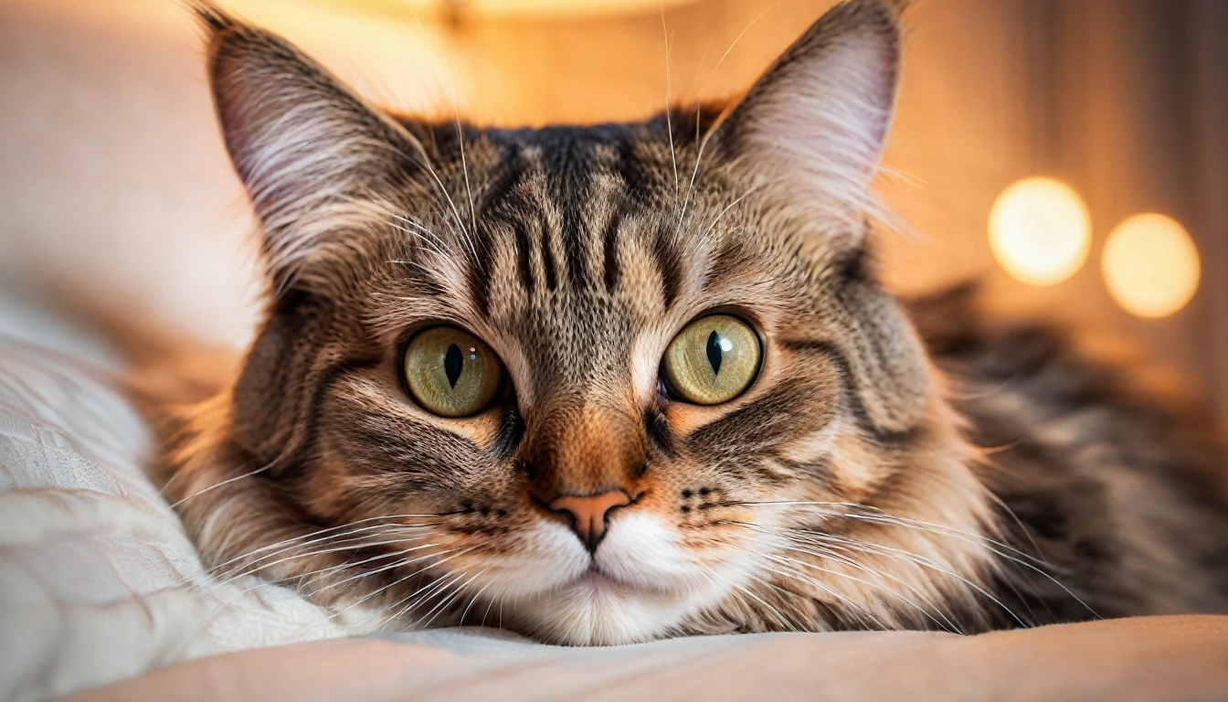 a realistic cat lying on a pillow, close up photo, extremely detailed, 8k, HDR, studio lighting, high quality, hyper realistic, macro photography, adorable, cute, furry, photorealistic, detailed whiskers, detailed eyes, detailed nose, detailed ears, detailed paws, plush fur texture, soft lighting, shallow depth of field, warm color tones