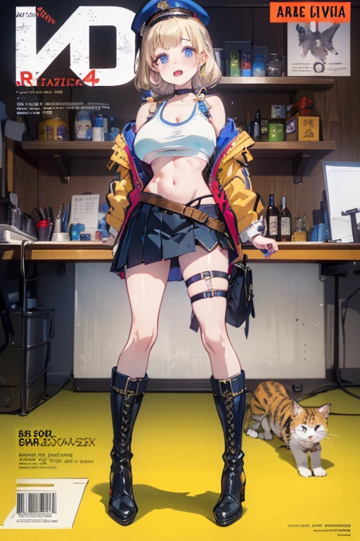 (masterpiece:1.2), (Military uniform magazine cover:1.4),best quality,PIXIV,Sweet girl , sexy posture,1girl, (perky chest:1.2), rolling upskirt by wind:1.6, (with sparkling eyes and a contagious smile),open mouth, (pointed chest:1.2),fishnets, black hair, boots, long hair, black nails, skirt, shirt, black footwear, bag, black skirt, jewelry, jacket, thigh strap, bangs, necktie, earrings, nail polish, multicolored hair, looking at viewer, full body, bottle, own hands together, belt, jacket on shoulders, food, cats on head, ring, choker, english text, collared shirt, blue eyes, hat, lace-up boots ,masterpiece、highest quality、Very detailed、An illustration、Beautiful fine details、One Girl、cute、Detailed landscape、Training Room Background:1.4、Platinum Blonde Hair、Braided Ponytail、Red camisole、((c cup breasts, Tank top showing underboob:1.4))