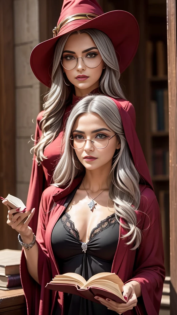 Woman in red hat and glasses holding a book,silver hair,she wears Harry Potter glasses, Maya Ali as D&D sorceress, holding spell book, dressed as witch, D&D magician, wearing a red wizard hat.