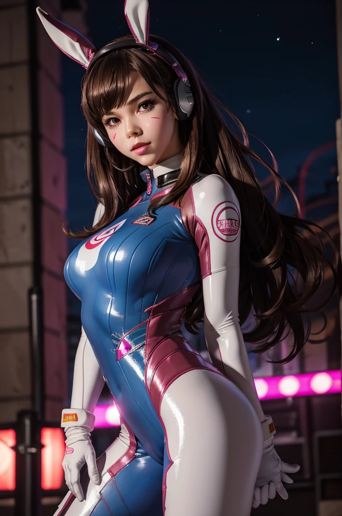 1girll, (D.va (Overwatch):0.8), Solo, Long hair, whisker markings, tightsuit, Brown hair, face markings, mitts, , Brown eyes, pilotsuit, Earphone, White gloves, Medium breastsing bangs, skin tight, bangs, Bunny suit, latex bunny suit, shiny, sexual pose, Rone-piece tights, facepaint, Pink lips, questionable, caring, Dark Alley, Night, Night sky, Reight, (houette, hard light:1.2), flirty look