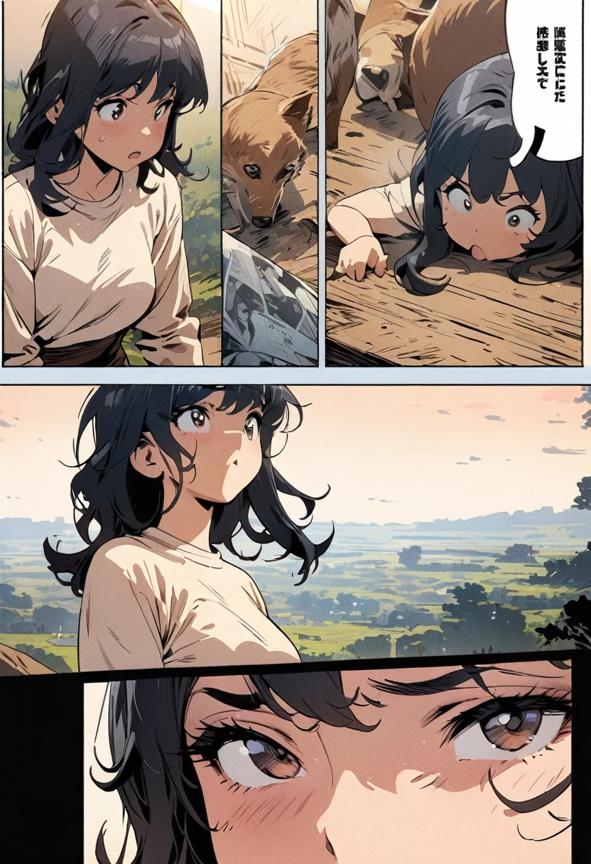 masterpiece, best quality, extremely detailed, ((Manga comic style)), ((cartoon comic page)), girls and animals