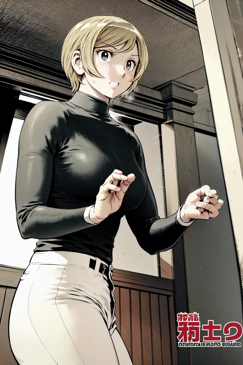 、(masterpiece、Highest quality)、Highest quality, Ultra-high resolution, (((masterpiece))), alone, Sweat、Big eyes,Tight black shirt、Tight white pants、belt、indoor、Composition from the front、（Cut the back hair short、short hair、blonde、woman）、Shortcuts、Embarrassed face、Cut your hair short、可愛いwomanの子、Big Breasts、office
