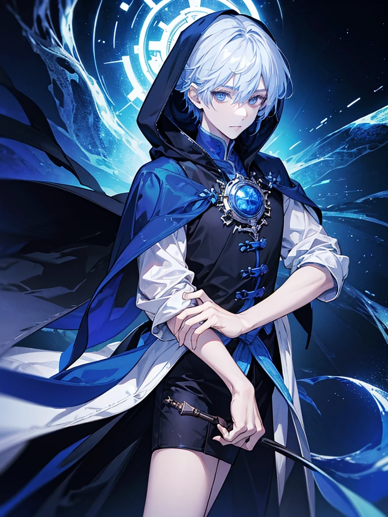 Sorcerer Divine Soul man, he has a silver hair and blue eyes, he wear a hood and wear gloves.