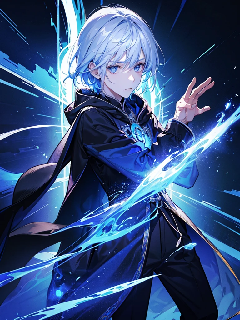 Sorcerer Divine Soul man, he has a silver hair and blue eyes, he wear a hood and wear gloves.